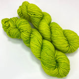 Two mini skeins of neon green worsted weight yarn. 