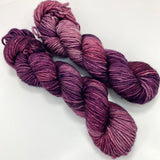 Two mini skeins of variegated purple, pink, and grey worsted weight yarn. 