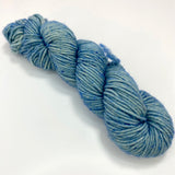 One mini skein of pale blue worsted weight yarn speckled with a darker shade of blue. 